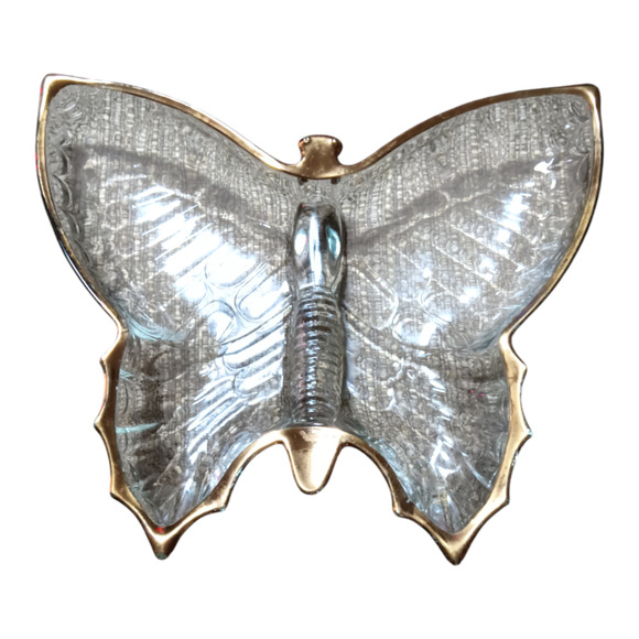 JEANETTE Glass Butterfly Trinket Dish with Gold Trim Accent Boho Glam - Picture 1 of 2